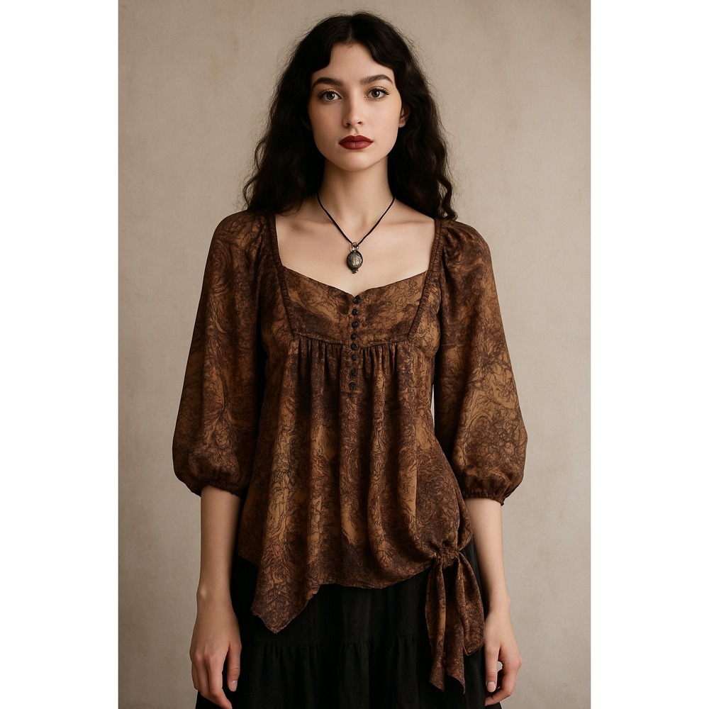 Whimsygoth Romantic Boho‎ Sheer Brown Paisley Peasant Blouse Tie Hem USA L